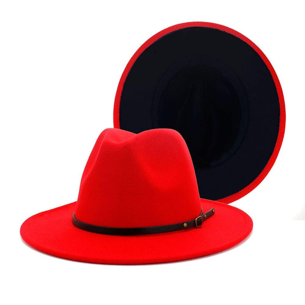 2886 Wide Brim Fedora Felt Panama Hat with Belt Buckle - A Red